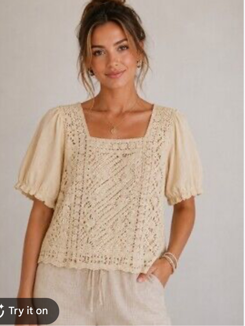 Calligraphie Beige Crochet Square Neck Puff Sleeve Blouse Top